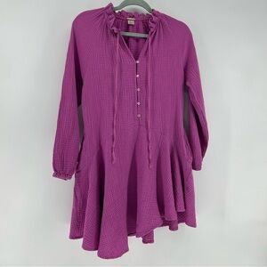 Magaschoni Gauze Dress Women's XS Pink 100% Organic Cotton Long Sleeve V-Neck